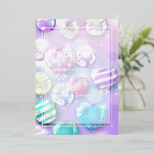 Balloon Bokeh Birthday Party Folieneinladung (Stehend vorne)