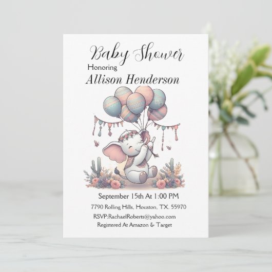 Balloon Bouquet und eine hübsche Elephant-Babydusc Einladung (Stehend Vorderseite)