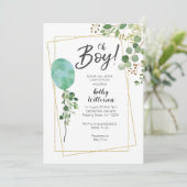 Balloon Boy Watercolor Grüne Babydusche Einladung (Stehend Vorderseite)