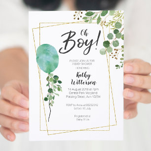 Balloon Boy Watercolor Grüne Babydusche Einladung