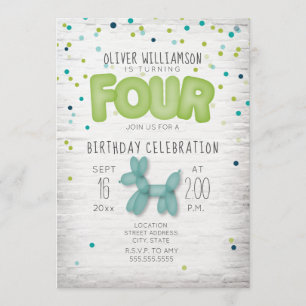 Balloon Brick Confetti Blue Green 4. Geburtstag Einladung