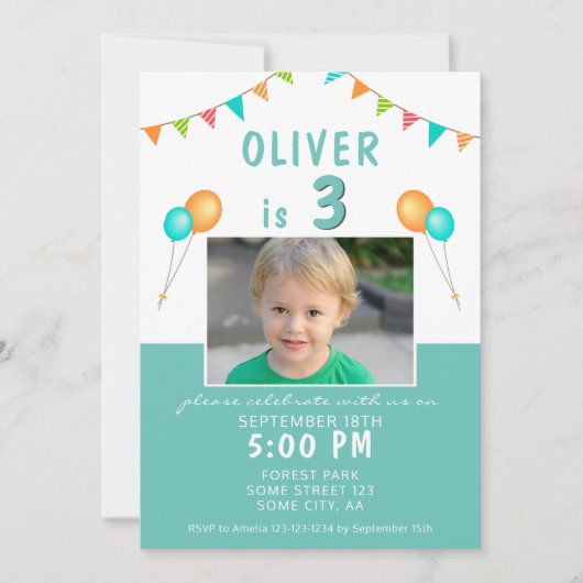 Balloon Bunting Flag Blue Foto Birthday Party Einladung (Vorderseite)