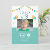 Balloon Bunting Flag Blue Foto Birthday Party Einladung (Stehend Vorderseite)