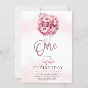 Balloon Butterfly Pink First Birthday Party Girl Einladung