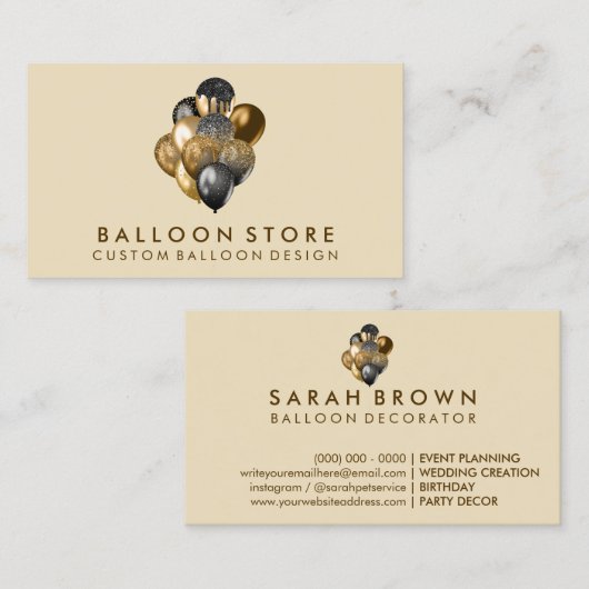 Balloon Decor Boho rustikale goldene Funkeln Visitenkarte (Vorne/Hinten)