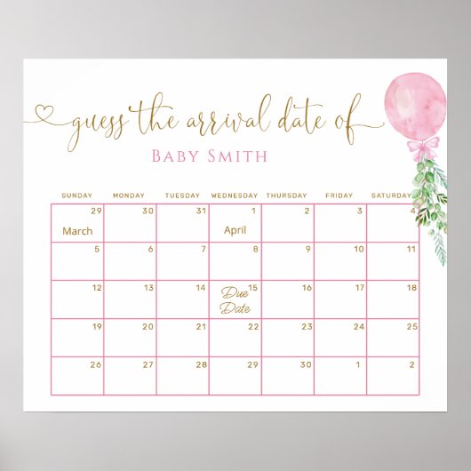 Balloon Eucalyptus Guess Baby Due Date Calendar Poster (Vorne)