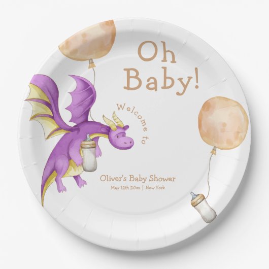Balloon Fairy Dragon Flasche Baby Dusche Willkomme Pappteller (Vorderseite)
