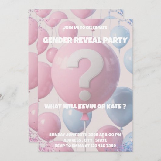 Balloon Gender Reveal Party Einladung (Vorne/Hinten)