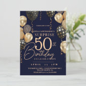 Balloon Gold & Blue 50. Foto Geburtstag Einladung (Stehend Vorderseite)
