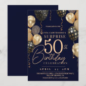Balloon Gold & Blue 50. Foto Geburtstag Einladung (Vorne/Hinten)
