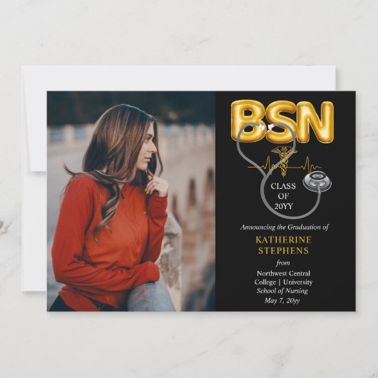Balloon Letters BSN Caduceus Stethoscope Grad Ankündigung (Vorderseite)