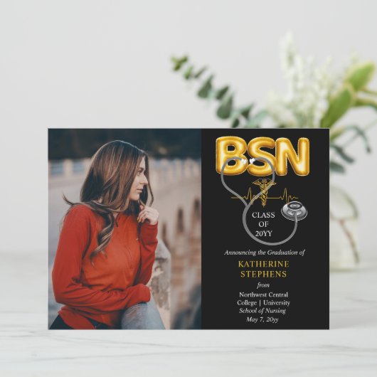 Balloon Letters BSN Caduceus Stethoscope Grad Ankündigung (Stehend Vorderseite)