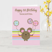 Balloon Mouse Pink Happy 1. Geburtstag Karte (Gelbe Blume)