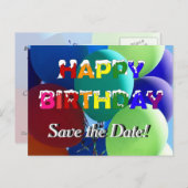 Balloon Rainbow Birthday Save the Date Ankündigungspostkarte (Vorne/Hinten)