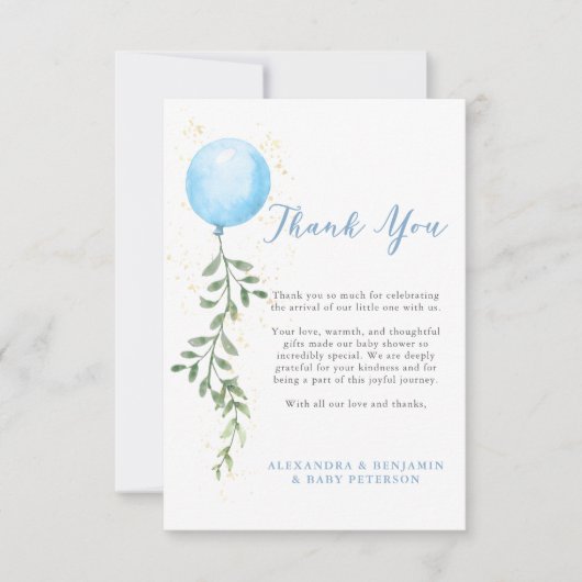Balloon Soft Greenery Dusty Blue Boy Baby Shower Dankeskarte (Vorderseite)