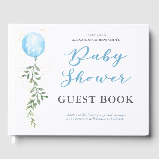 Balloon Soft Greenery Dusty Blue Boy Baby Shower Gästebuch (Vorderseite)