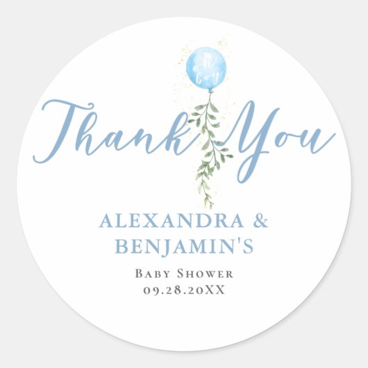 Balloon Soft Greenery Dusty Blue Boy Baby Shower Runder Aufkleber (Vorderseite)