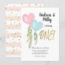 Balloon Twin Boy and Girl Birthday Einladung