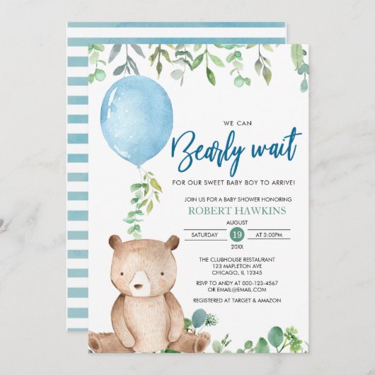 Balloon wir können frühzeitig abwarten Teddy Bear Einladung (Vorne/Hinten)