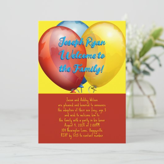 Balloons Adoption Party New Son Einladung (Stehend Vorderseite)