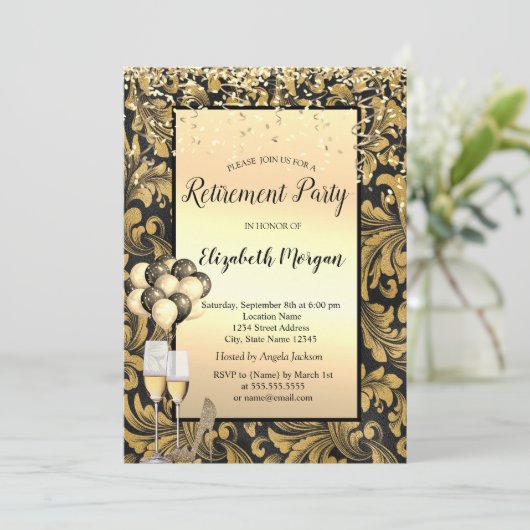 Balloons, alte Gold-Wirbel Schwarze Rente Einladung (Stehend Vorderseite)