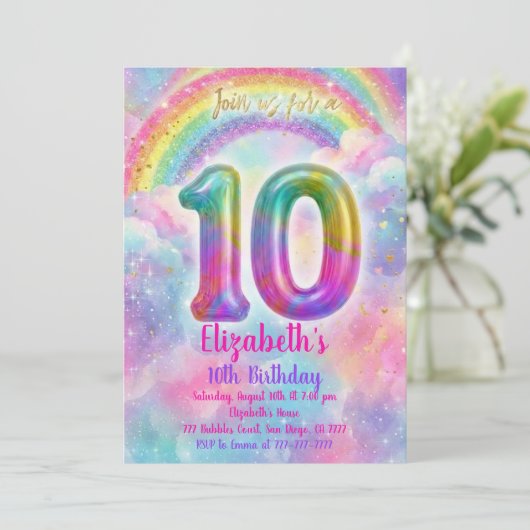 Balloons Birthday 10th Birthday  Einladung (Stehend Vorderseite)