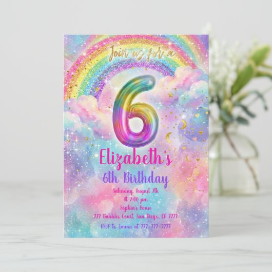 Balloons Birthday 6th Birthday Einladung (Stehend Vorderseite)