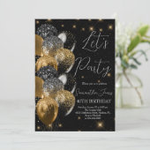 Balloons Birthday Black Gold Glitzer Einladung (Stehend Vorderseite)