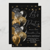 Balloons Birthday Black Gold Glitzer Einladung (Vorne/Hinten)