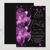 Balloons Birthday Black Pink Glitzer Einladung (Vorne/Hinten)