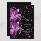 Balloons Birthday Black Pink Glitzer Einladung (Vorne/Hinten)