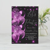 Balloons Birthday Black Pink Glitzer Einladung (Stehend Vorderseite)