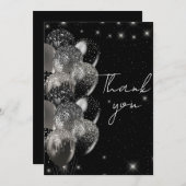 Balloons Birthday Black Silver Glitzer Party Dankeskarte (Vorne/Hinten)