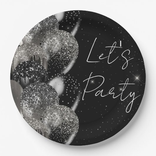 Balloons Birthday Black Silver Glitzer Party Pappteller (Vorderseite)