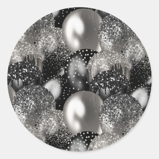 Balloons Birthday Black Silver Glitzer Party Runder Aufkleber (Vorderseite)