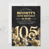 Balloons Black Gold 105. Geburtstag Einladung (Vorderseite)