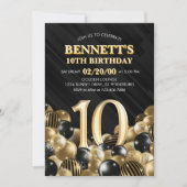Balloons Black Gold 10. Geburtstag Einladung (Vorderseite)