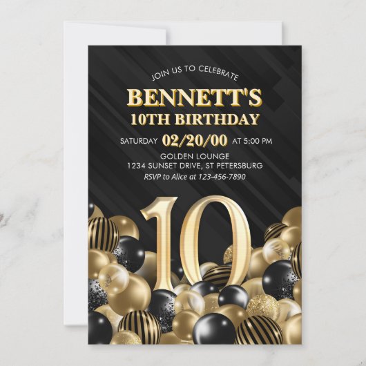 Balloons Black Gold 10. Geburtstag Einladung (Vorderseite)