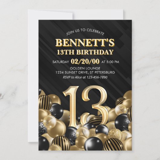 Balloons Black Gold 13. Geburtstag Einladung (Vorderseite)