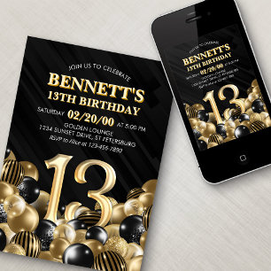 Balloons Black Gold 13. Geburtstag Einladung
