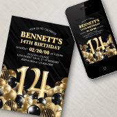 Balloons Black Gold 14. Geburtstag Einladung