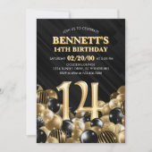 Balloons Black Gold 14. Geburtstag Einladung (Vorderseite)