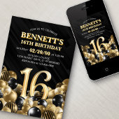 Balloons Black Gold 16. Geburtstag Einladung