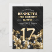 Balloons Black Gold 17. Geburtstag Einladung (Vorderseite)