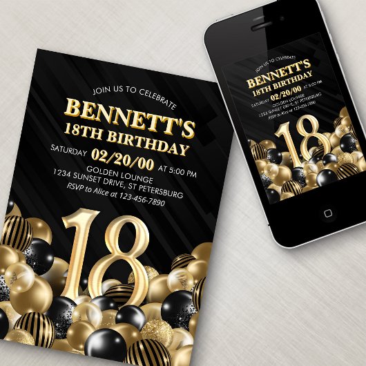 Balloons Black Gold 18. Geburtstag Einladung