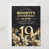 Balloons Black Gold 19. Geburtstag Einladung (Vorderseite)