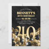 Balloons Black Gold 40. Geburtstag Einladung (Vorderseite)