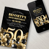 Balloons Black Gold 50. Geburtstag Einladung