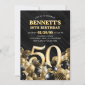Balloons Black Gold 50. Geburtstag Einladung (Vorderseite)