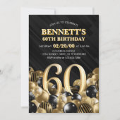 Balloons Black Gold 60. Geburtstag Einladung (Vorderseite)